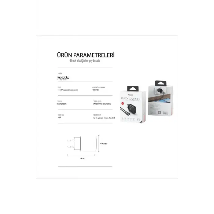 Yesido Yc54 2 Adet 20w Type-c Çıkışlı Ve 1m 27w Type-c To Lightning Kablolu Pd Şarj Cihazı - Siyah