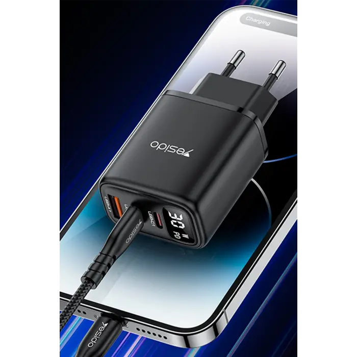 Yesido Yc69 Dijital Göstergeli 1 Adet 30w Usb Ve 2 Adet 30w Type-c Çıkışlı Pd Hızlı Şarj Cihazı - Siyah