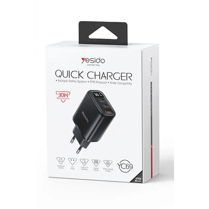 Yesido Yc69 Dijital Göstergeli 1 Adet 30w Usb Ve 2 Adet 30w Type-c Çıkışlı Pd Hızlı Şarj Cihazı - Siyah