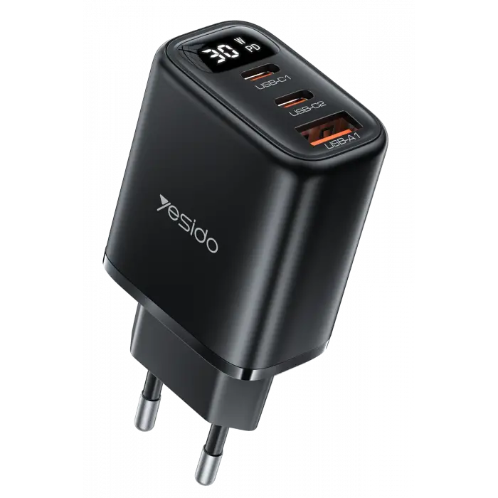Yesido Yc69 Dijital Göstergeli 1 Adet 30w Usb Ve 2 Adet 30w Type-c Çıkışlı Pd Hızlı Şarj Cihazı - Siyah
