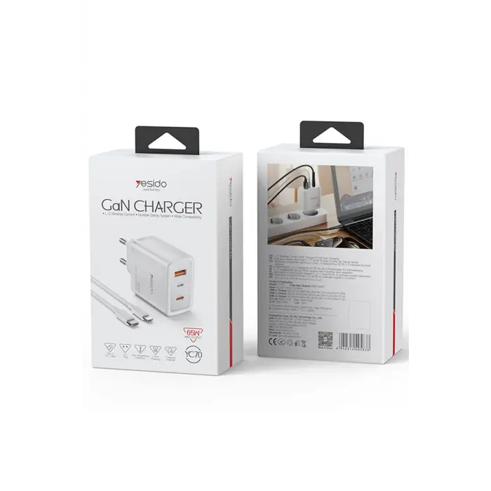 Yesido Yc70 1 Adet 65w Type-c / 1 Adet 30w Usb Ve 1 Adet 45w Lightning Çıkışlı Ekstra 2m Type-c To Ligtning Kablolu Gan Hızlı Şarj Cihazı - Beyaz