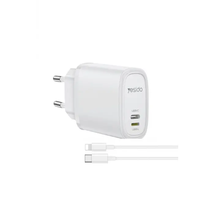 Yesido Yc71 1 Adet 12w Type-c Ve 1 Adet 12w Lightning Çıkışlı Ekstra 1m Type-c To Ligtning Kablolu Pd Hızlı Şarj Cihazı - Beyaz