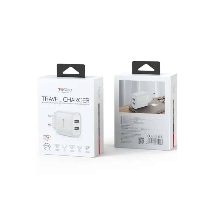 Yesido Yc72 2 Adet 12w Usb Çıkışlı Hızlı Şarj Cihazı - Beyaz