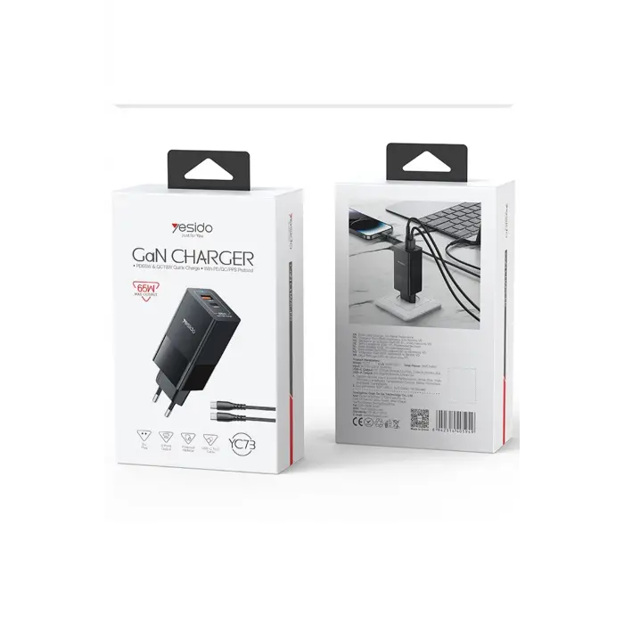Yesido Yc73 1 Adet 65w Type-c / 1 Adet 18w Usb Çıkışlı Ekstra 1m Type-c To Type-c Kablolu Gan Hızlı Şarj Cihazı - Siyah