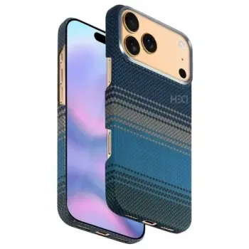 Apple iPhone 17 Pro Max Kılıf Aramid Fiber Ruaha Kevlar Magsafe Kapak - Turuncu ve Lacivert Renkleriyle