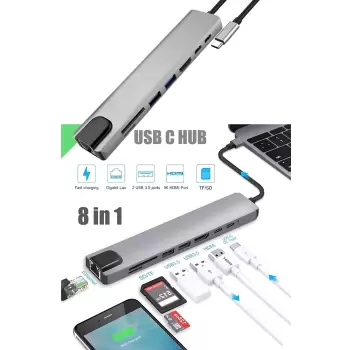 Lopard 8 In 1 Type C Hub HDMI Dönüştürücü Apple Macbook Pro/air iPhone iPad Matebook Uyumlu Çevirici Çoğaltıcı Ethernet RJ45 Sd Tf USB Type C Hub