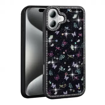 Apple İphone 16 Kılıf Taşlı Simli Kenarları Silikon Parıltılı Azra Kapak Telefon Kılıfı Kamera Korumalı Yıldız&Kelebek Desenleriyle