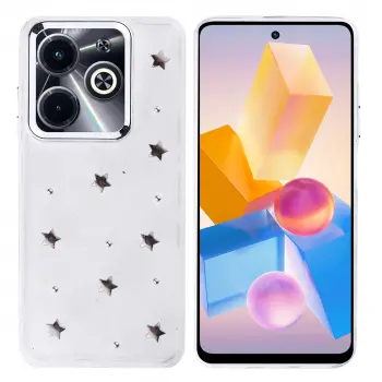 İnfinix Hot 40i Telefon Kılıfı Şeffaf Simli Tasarım Kapak Fiyonk, Kiraz, Yıldız, Lale Desenli