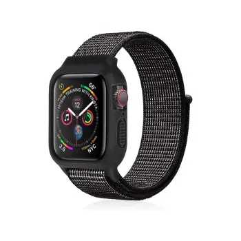 Lopard Apple Watch 38mm Hasırlı Cırtcırtlı Kasalı Kordon - Benekli Siyah