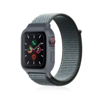 Lopard Apple Watch 38mm Hasırlı Cırtcırtlı Kasalı Kordon - Gri-turkuaz
