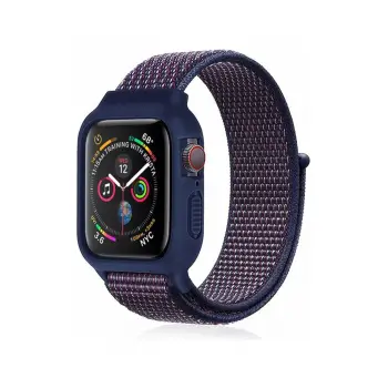 Lopard Apple Watch 38mm Hasırlı Cırtcırtlı Kasalı Kordon - Lacivert-mürdüm