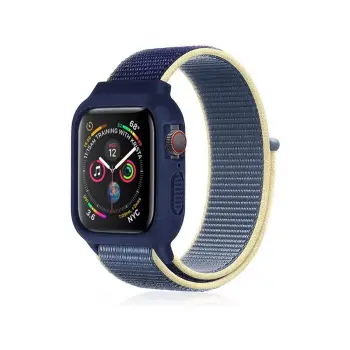 Lopard Apple Watch 38mm Hasırlı Cırtcırtlı Kasalı Kordon - Sarı-lacivert