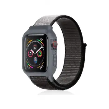 Lopard Apple Watch 38mm Hasırlı Cırtcırtlı Kasalı Kordon - Siyah-gri