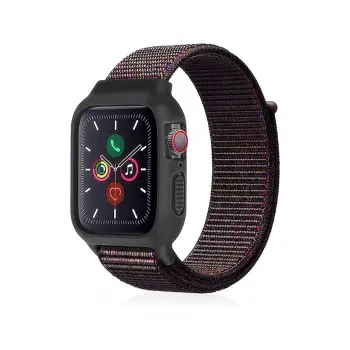 Lopard Apple Watch 38mm Hasırlı Cırtcırtlı Kasalı Kordon - Siyah-mavi
