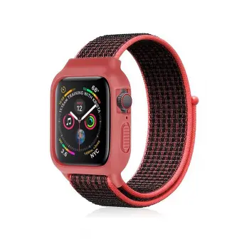 Lopard Apple Watch 38mm Hasırlı Cırtcırtlı Kasalı Kordon - Siyah-pembe