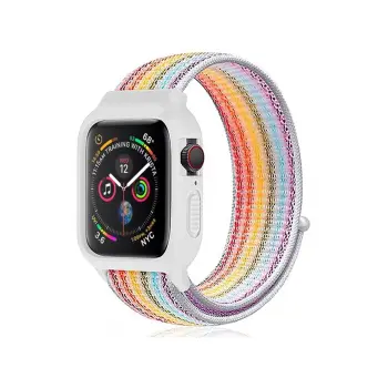 Lopard Apple Watch 42mm Hasırlı Cırtcırtlı Kasalı Kordon - Gökkuşağı 2