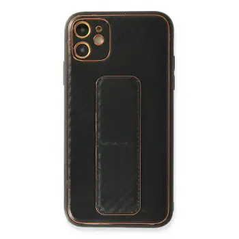Lopard İphone 12 Kılıf Coco Karbon Standlı Kapak - Siyah