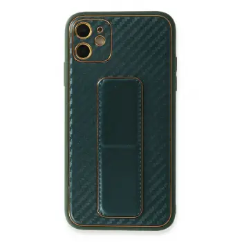 Lopard İphone 12 Kılıf Coco Karbon Standlı Kapak - Yeşil