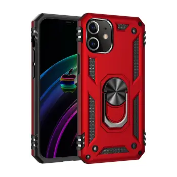 Lopard İphone 12 Kılıf Sofya Yüzüklü Silikon Kapak - Kırmızı