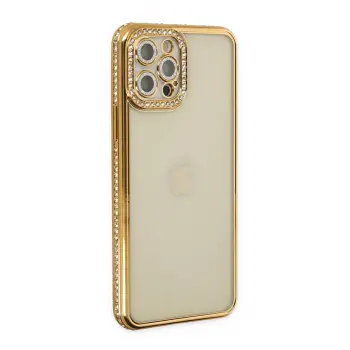 Lopard İphone 12 Pro Kılıf Joke Taşlı Silikon - Gold
