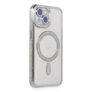 Lopard İphone 15 Kılıf Joke Simli Magneticsafe Kılıf - Gümüş