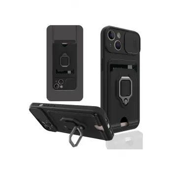 Lopard İphone 15 Kılıf Zuma Kartvizitli Yüzüklü Silikon - Siyah