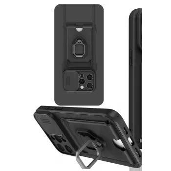 Lopard İphone 15 Pro Kılıf Zuma Kartvizitli Yüzüklü Silikon - Siyah