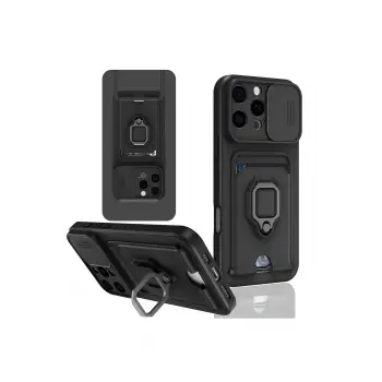 Lopard İphone 16 Pro Kılıf Zuma Kartvizitli Yüzüklü Silikon - Siyah