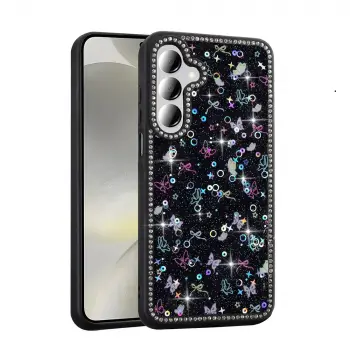 Samsung Galaxy A55 Kılıf Taşlı Simli Kenarları Silikon Parıltılı Azra Kapak Telefon Kılıfı Kamera Korumalı Yıldız&Kelebek Desenleriyle 