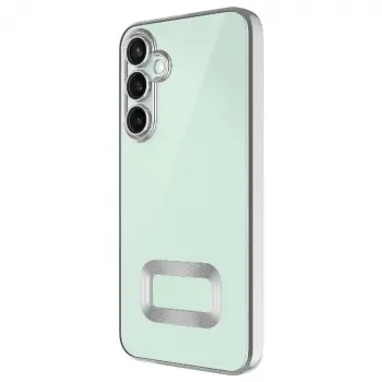 Samsung Galaxy S24 Fe Kılıf Kılıf + 9h Ekran Koruyucu Set Kamera Lens Korumalı Şeffaf Parlak Kenar Logo Açık Omega Kapak Mavi Siyah Gold Renk Parlak Kenarlı