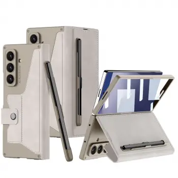 Samsung Galaxy Z Fold 7 Kılıf Kamera Korumalı Kadife Tasarımlı Lopard Kıpta Kalem Bölmeli Fest Kapak Telefon Kılıfı