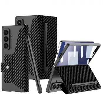 Samsung Galaxy Z Fold 7 Kılıf Kamera Korumalı Karbon Tasarımlı Lopard Kıpta Kalem Bölmeli Fest Kapak