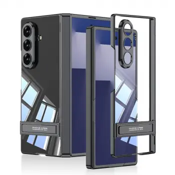 Samsung Galaxy Z Fold 7 Kılıf Kamera Korumalı Şeffaf Tasarımlı Lopard Lego Standlı Kapak