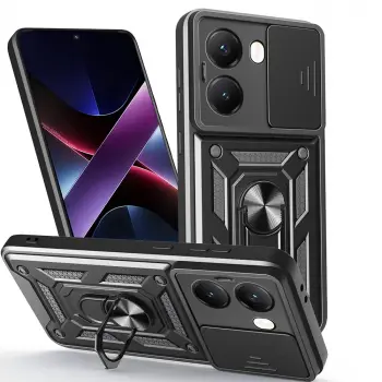 Xiaomi Poco X7 Pro Kılıf Magnetik Standlı Kamera Korumalı Lopard Sürgülü Kamera Korumalı Yüzüklü Tasarım Armor Vega