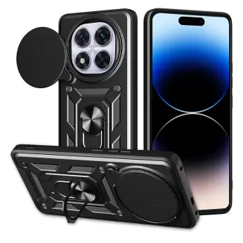 Xiaomi Redmi Note 14 Pro Plus Kılıf Magnetik Standlı Kamera Korumalı Lopard Sürgülü Kamera Korumalı Yüzüklü Tasarım Armor Vega