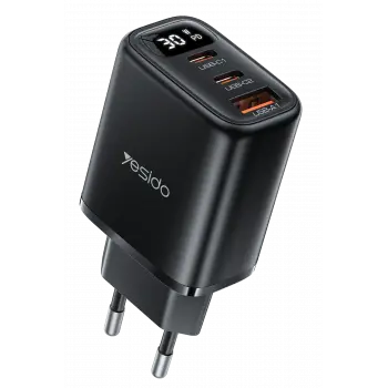 Yesido Yc69 Dijital Göstergeli 1 Adet 30w Usb Ve 2 Adet 30w Type-c Çıkışlı Pd Hızlı Şarj Cihazı - Siyah