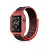 Lopard Apple Watch 42mm Hasırlı Cırtcırtlı Kasalı Kordon - Siyah-pembe