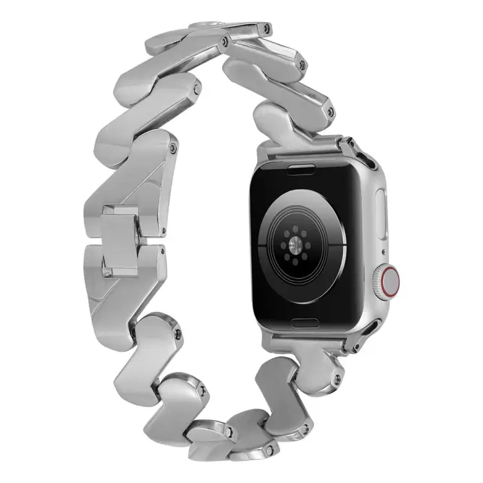 ​​​Apple Watch 44mm Kordon Kordon Metal Kıvrımlı Desenli Parlak Çelik Kayış Uyumlu KRD-80