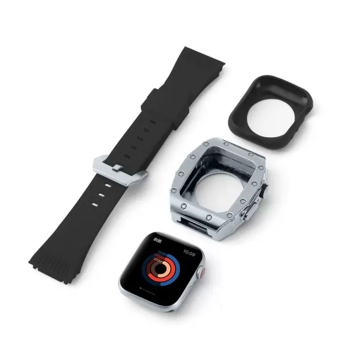 ​​​Apple Watch 46mm 10 Serisi Uyumlu Silikon Kordon ve Değişim Kiti Hublot Convert Paslanmaz Çelik Kasa