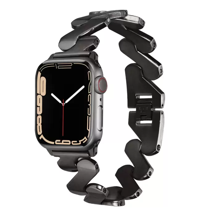 ​​​Apple Watch 7 41mm Kordon Kordon Metal Kıvrımlı Desenli Parlak Çelik Kayış Uyumlu KRD-80