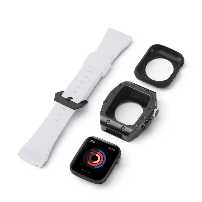 ​​​Apple Watch 7 45mm Uyumlu Silikon Kordon ve Değişim Kiti Hublot Convert Paslanmaz Çelik Kasa