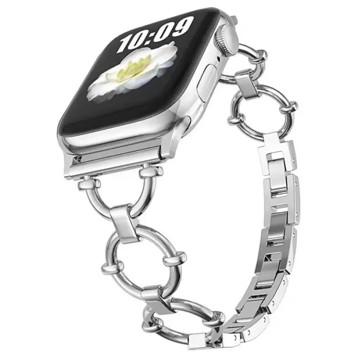 ​​​Apple Watch 44mm Uyumlu Halka Tasarım Taşlı Kasa Koruma Ve Metal Kordon