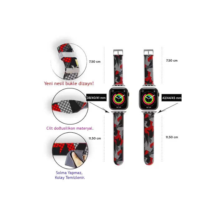 Watch Kayış 2 3 4 5 6 7 8 Se 42 44 45 49mm Uyumlu  Kırmızı Kamuflaj Desenli Kordon Bileklik Silikon