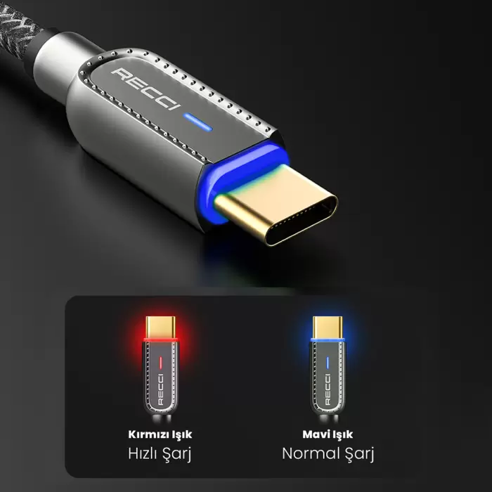 USB-A To Type-C Usb Kablo Recci RS02C Smart Power-Off Serisi Hızlı Şarj Özellikli 1M