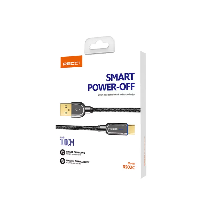 USB-A To Type-C Usb Kablo Recci RS02C Smart Power-Off Serisi Hızlı Şarj Özellikli 1M