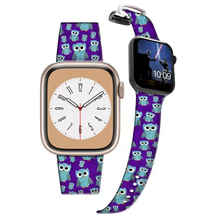 Apple Watch Kayış 2 3 4 5 6 7 8 Se 42 44 45 49mm Mavi Baykuşlar Desenli Kordon Bileklik Silikon