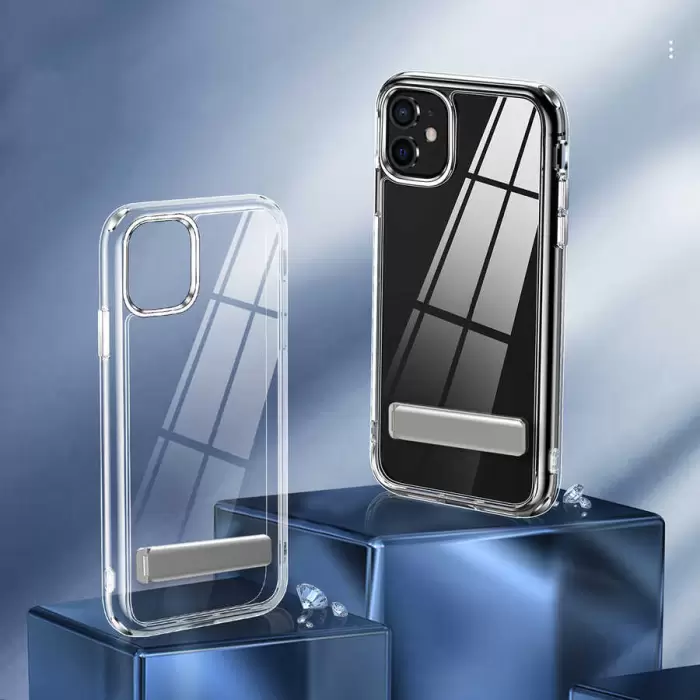 Apple iPhone 11 Kılıf Standlı Şeffaf Silikon Lopard L-Stand Kapak