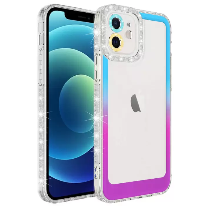 Apple iPhone 12 Kılıf Simli ve Renk Geçiş Tasarımlı Lens Korumalı Lopard Park Kapak