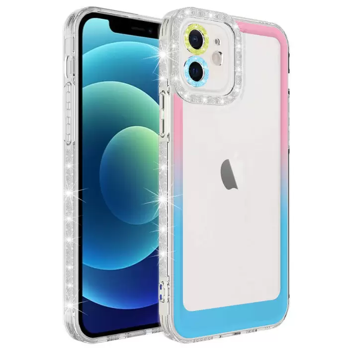 Apple iPhone 12 Kılıf Simli ve Renk Geçiş Tasarımlı Lens Korumalı Lopard Park Kapak