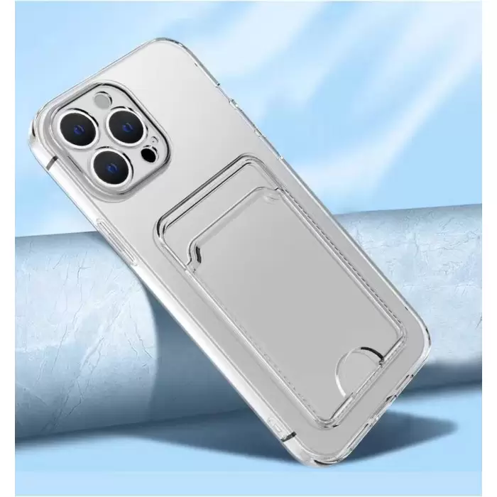 Apple iPhone 12 Pro Kılıf Şeffaf Renksiz Kartlıklı Cüzdanlı Kamera Korumalı Esnek Silikon Kapak Setra